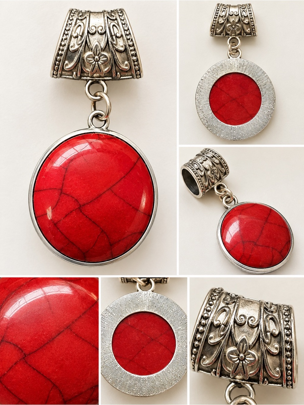 Red Stone Silver-Tone Pendant Charm for Women